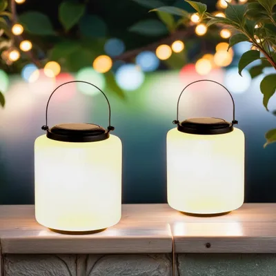 Produktbild von Marrakesch 2er Set Solarlaterne für außen mit Henkel aus Glass 33cm Groß | Skandinavische Outdoor Solar LED Laterne Erlin weiss IP65 Wasserdicht als Gartendeko Deko
