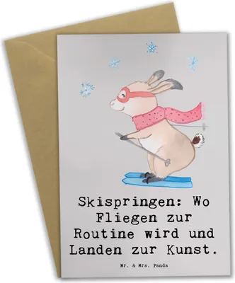 Produktbild von Mr. & Mrs. Panda Glückwunschkarte Skispringen Kunstflug - Grau Pastell - Geschenk, Wintersport, weihnachtskarten, Landung, einladungskarten, Sportler, Flug, osterkarte