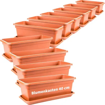 Produktbild von Blumenkasten mit Untersetzer terracotta 40cm langlebig wetterfest 10er-Set