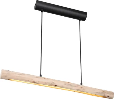 A pendant light fixture with a black metal top and a wooden beam base.