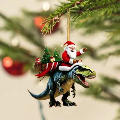 Produktbild von Weihnachtsanhänger, Weihnachtsmann auf Dinosaurier-Ornament, 2D-Flachacryl, Hängedekoration für Weihnachtsbaum, Kaminsims-Dekor, Weihnachtsmann