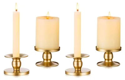Produktbild von Kerzenständer Gold für Stabkerzen - 4er Set Metallkerzenhalter für Stab- und Stumpenkerzen, Vintage Deko für Hochzeiten, Tischdekoration, Weihnachten, Wohnzimmer und Adventskranz