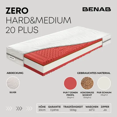 Produktbild von Schaummatratze Benab Zero Hard&Medium 20 Plus Matratze 90 x 195 cm H3 / H5 hart 20 cm hohe Schaummatratzen, Silber, Kokosnuss, PUR, 7 Zonen, Partnermatratze