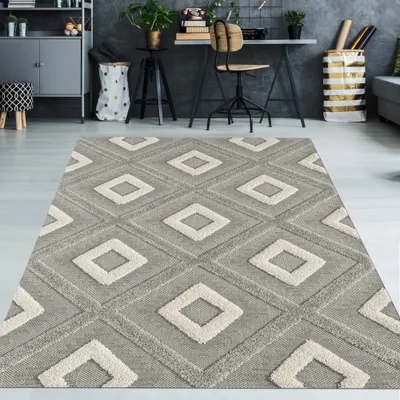 Immagine prodotto di Tappeto moderno per il soggiorno Tappeto per la camera da letto con motivo a rombi in grigio e beige - effetto alto-basso Dimensioni - 160 x 230 cm