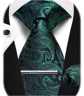 Image de Ensemble de cravates pour hommes comprenant une cravate, un mouchoir de poche, une pince à cravate et des boutons de manchette, de couleur verte, en 5 pièces