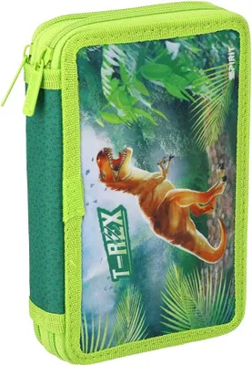 Produktbild von SPIRIT Schüler Etui 28 teilig 2-Zipper Mäppchen TREX Dinosaurier grün