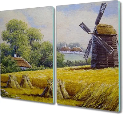 Produktbild von Coloray Kochplattenabdeckung Herdabdeckplatte 2x30x52 cm Hackbrett Schneidebrett Küchenbrett - Gemälde Mühle Dorfhütte
