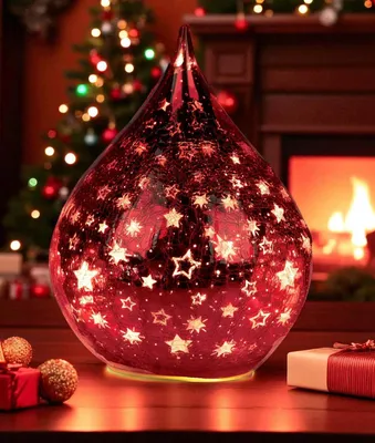 Produktbild von LED Deko Glasleuchte Tropfen Rot 25 cm mit Timer Batteriebetrieben Crackle-Optik
