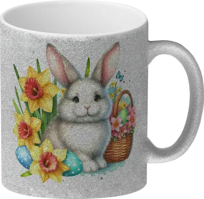 Produktbild von Osterhase mit Osterglocken Glitzer-Kaffeebecher