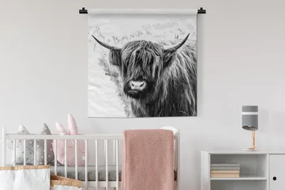 Produktbild von MuchoWow® Wandteppich Wandbehang Schottisches Hochlandrind - Kuh - Weiß 90x90 cm Tapisserie Dekoration Wandtuch - Wandaufhänger