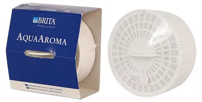 A Brita Aqua Aroma water filter cartridge and its packaging are shown against a white background.