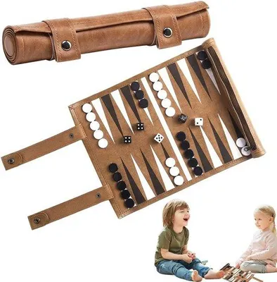 Produktbild von Opvoubares Reise-Backgammon-Set - Leichtgewichtiges Kunstleder - 36 x 25 cm - Schwarz-Weißes Design