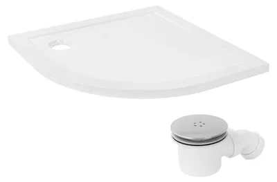 Produktbild von LuxeBath Duschwanne 90x90 cm Weiß mit Ablaufgarnitur, Duschtasse rund Komplett Set, Viertelkreis Brausewanne H:40mm aus SMC, Brausetasse mit Siphon