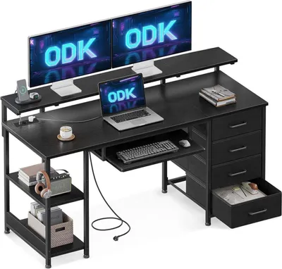 Produktbild von ODK Schreibtisch mit 4 Schubladen und USB Ladeanschluss - Schwarz - 140x52x92cm