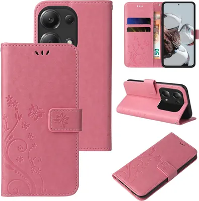 Produktbild von Handyhülle für Xiaomi Redmi Note 13 Pro Floral Blumen Schmetterling Flip Cover Hülle Case Klapphülle Handytasche Farbe: Rosegold