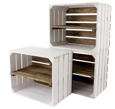 Produktbild von 3er Set weißes Regal Apfelkiste Weißer Boden braunes Mittelbrett 50cm x 40cm x 30cm Standardgröße Bücherregalkiste Weinkiste Gartenmöbel Zwischenbrett Einlage Obstkiste