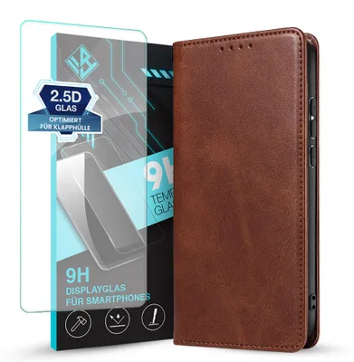 Produktbild von Handyhülle für Xiaomi Redmi A7 Pro mit 9H Displayglas Kunstleder Flip Cover Hülle Klapphülle Case Kartenfach Farbe: Dunkelbraun