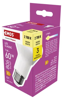 Zdjęcie produktu dla Lampa LED EMOS w kształcie reflektora, 7W zamiennik 60W, żarówka reflektorowa R63 z trzonkiem E27, jasność 806lm, ciepła biel 2700K, żywotność 30000h, ZQ7E41