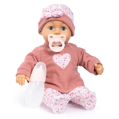 Produktbild von Bayer Design 93824DB Babypuppe interaktiv, Spielpuppe sprechend, 24 Babylaute, Schlafaugen, weicher Körper, 38 cm, Schnuller und Flasche