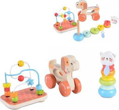 Produktbild von Moni Holzspielzeug-Set 2203, 9-tlg, Motorikschleife, Nachziehtier, Stapelspiel bunt