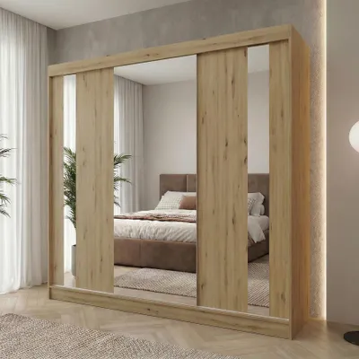 Produktbild von Beautysofa GAJA Kleiderschrank 240 cm mit Spiegel – Schwebetürenschrank 3-türig, Schlafzimmer Schrank, Artisan/Artisan ohne Schubkasteneinsätze