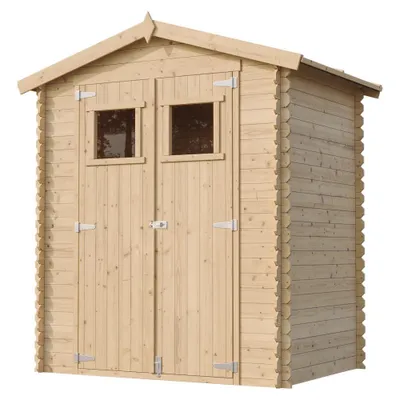 A wooden garden shed with double doors and two windows, presented against a white background.