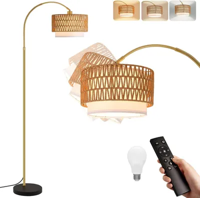 Produktbild von ZMH Stehlampe Boho Rattan Bogenlampe Gold dimmbare Stehleuchte mit Fernbedienung E27 LED Bogen Leselampe 350° drehbar Standlampe für Schlafzimmer Büro