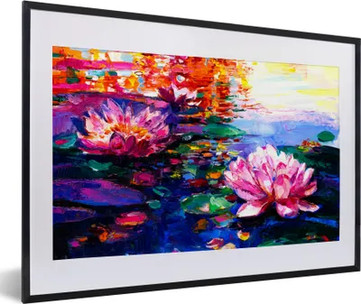 Produktbild von MuchoWow® Gerahmtes Poster Gemälde - Öl - Seerose - Wasser 60x40 cm - Poster mit Schwarzem Bilderrahmen Wandposter Rahmen Foto Bilder - Schlafzimmer - Plakat in Rahmen - Drucken