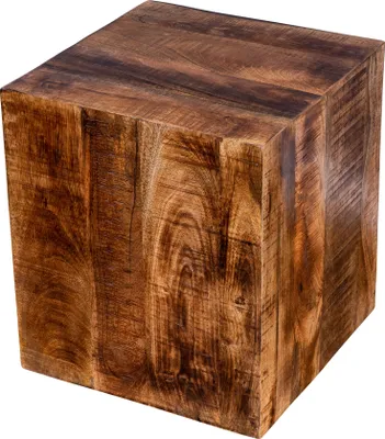 A cube-shaped wooden stool or side table.