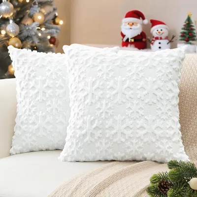Produktbild von 2er Set Weihnachtliche Kissenbezüge 50x50cm Weiß Plüsch Schneeflocken Deko