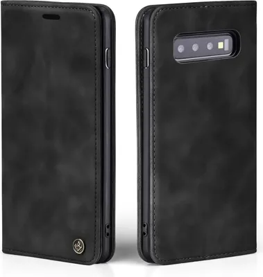 A black flip cover phone case for a Samsung Galaxy S10+ is shown from two angles.
