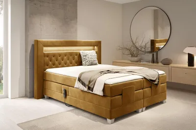 Produktbild von MEBLINI Boxspringbett Elektrisch Verstellbar mit LED - Gepolstert Doppelbett mit Matratzen und Toppers - Polsterbett - Bett mit Kopfteil - SANTORE - 140x200 - H3/Senffarbe Samt