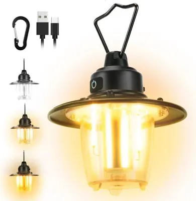 Produktbild von LED Campinglampe Aufladbar, Tragbar Campingleuchte mit Haken Retro Campinglaterne 3 Lichtmodi Stufenlos Dimmbar, 2800 mAh, IP65 Wiederaufladbare