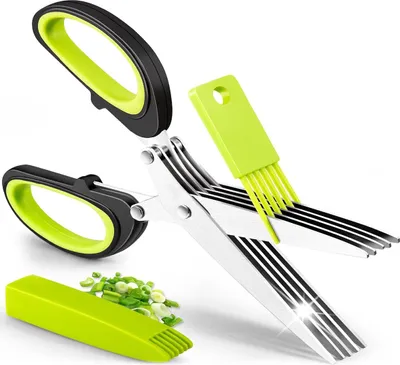 Produktbild von Kräuterschere – Mehrklingen-Kräuterschere aus Edelstahl zum Schneiden von Gemüse, Schnittlauch, Kräutern u. v. m. – Kräuterschere mit 5 Klingen, inklusive Etui und Reinigungskamm