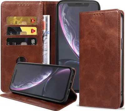 Obrázek produktu pro Smartphonica pouzdro na iPhone Xr z umělé kůže s magnetickým zavíráním a držáky na karty - tmavě hnědé