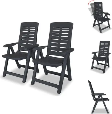 Two dark grey plastic garden chairs are shown from the front on a white background. Smaller images on the right show the chairs from different angles and demonstrate adjustability.