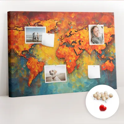Obrázek produktu pro Korková nástěnka s kolíčky - Tabule s kolíky pro fotografie a poznámky - 100x70 cm - Připínáčky dřevěné 100 kusů - Dekorativní mapa světa