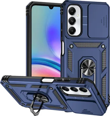 Immagine prodotto di Custodia per Samsung Galaxy A05S a doppio strato con copertura scorrevole della fotocamera e supporto ad anello blu