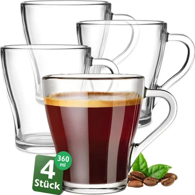 Produktbild von Konzept 11 - Teegläser mit Henkel XL, 4er Set, Große Kaffeegläser, Cappuccino Gläser 360 ml Glas Transparent, Glühweingläser für Heiße Getränke, spülmaschinenfest