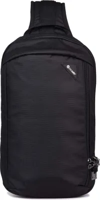 A black sling backpack is shown against a white background.