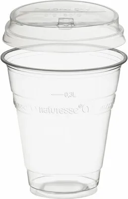 Produktbild von 100x  Trinkbecher 300ml + Deckel mit Klappöffnung aus Biokunststoff (PLA)
