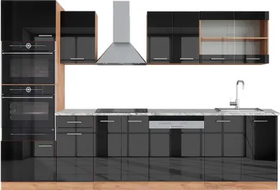 Image de Cuisine Vicco R-Line Anthracite brillant/Chêne doré 300cm avec armoire haute, PT Marbre, Model 42994