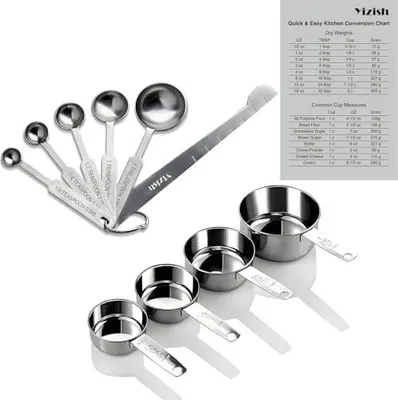 Produktbild von Edelstahl Messbecher und Löffel mit Meßlineal, Küche Umrechnungstabelle Set von 10 Für Trockene und Flüssige Zutaten