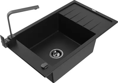 Produktbild von Mexen Elias 1 Becken-Granitspüle mit Abtropffläche und Mischbatterie Rita, Schwarz - 6511-77-670300-70-B