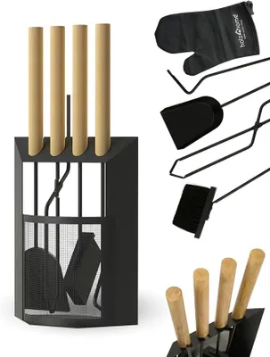 Produktbild von Kaminbesteck 6-tlg. Schwarz mit Holzgriff inkl. Ofenhandschuh hitzebeständig I Kaminset Kamingarnitur Ofenbesteck Schürhaken Besen Ascheschaufel