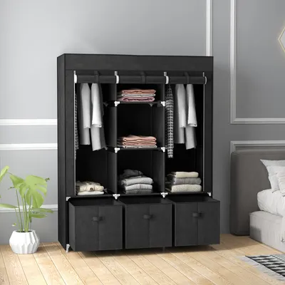 Produktbild von Stoffschrank mit 3 Schubladen, Faltschrank Vliesstoff, Kleiderschrank faltbar, Schwarz | 125 x 43 x 162,5 cm | 2 Kleiderstangen | Stahlrahmen