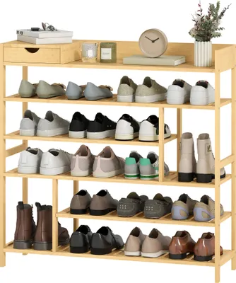 Produktbild von 6-stufiger Bambus-Schuhregal mit Schublade für 18 Paar Schuhe | Platzsparende Schuhablage für Flur & Schlafzimmer | 101x30x100 cm | Natur