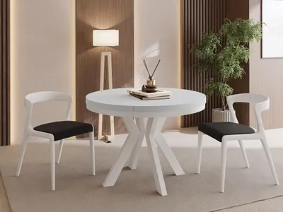 Produktbild von Runder Esstisch Ausziehbar 100-200 cm XXL Groß – Verlängerbar, für 5-10 Personen mit Weißen Holzbeinen & Metallring – Tisch für Wohnzimmer & Esszimmer in Weiß