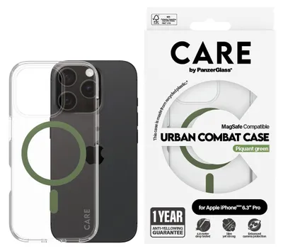 Obrázek produktu pro PanzerGlass CARE™ by ® Urban Combat Case Transparent w. Green MagSafe iPhone 16 Pro, Obal, Apple, Apple - iPhone 16 Pro, Průhledná