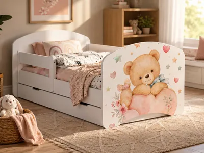 Obrázek produktu pro Dětská postýlka 140 × 70 cm, bílá | Motiv medvídka a zajíčka s duhou | Kompletní sada včetně matrace a zásuvky